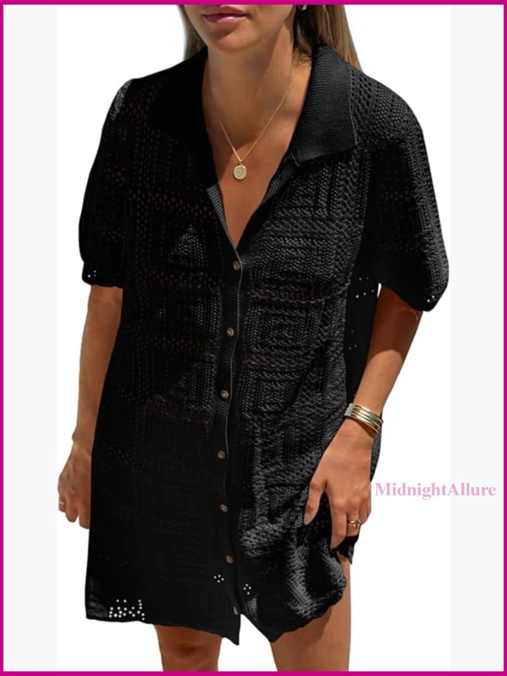 Large Crochet Cover Up Dress Short Sleeve V Neck Beach Swimsuit